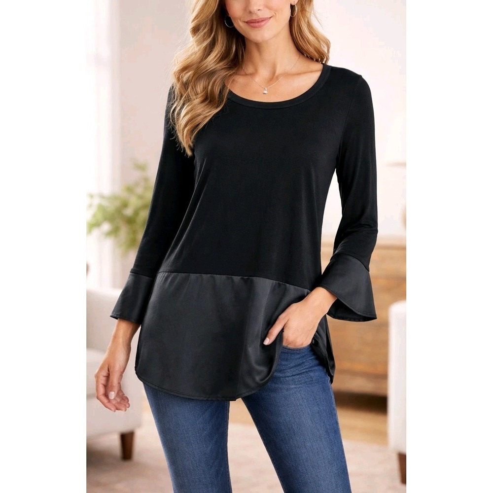 Soft Surroundings Black Tunic Top M Satin Hem Flowy Bell Sleeve Stretch Knit